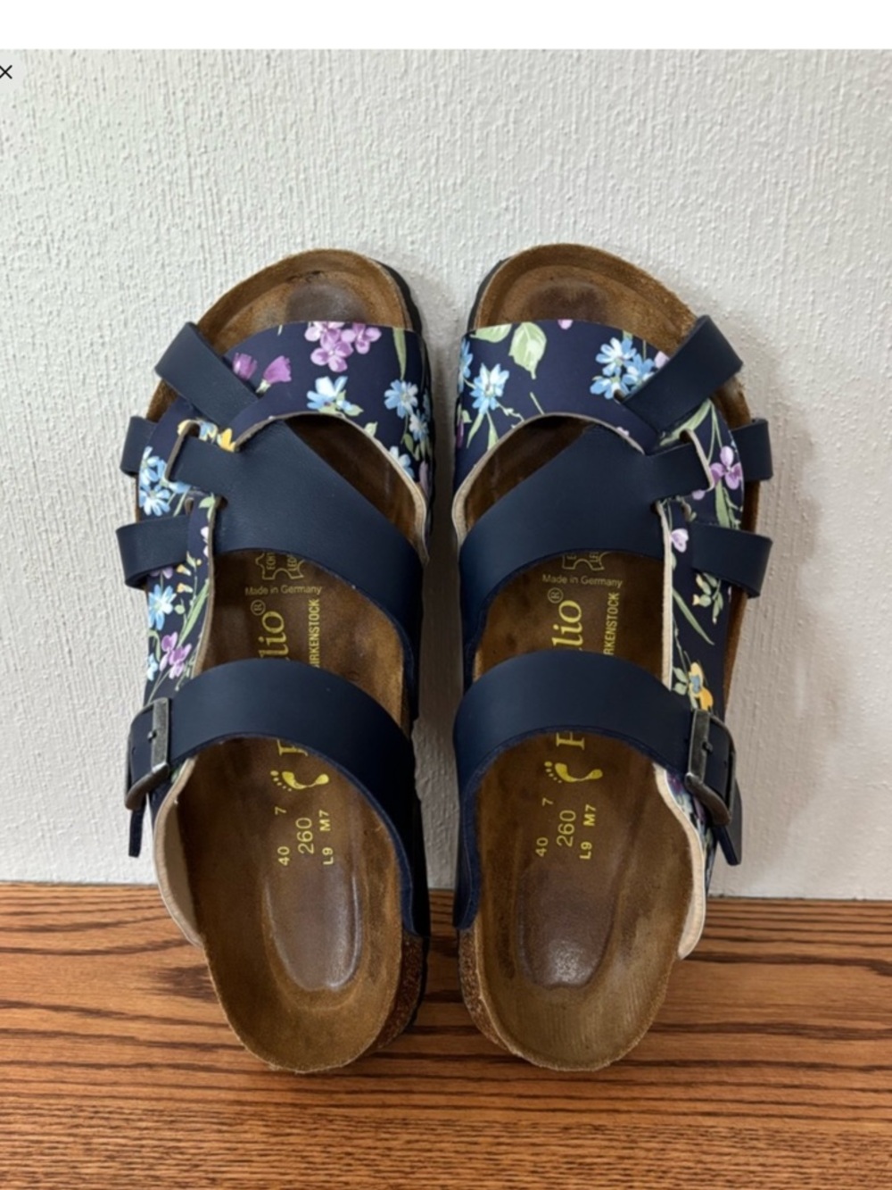 PAPILLIO BIRKENSTOCK Navy Blue Floral Cork Slide Sandals Pisa Women Size 9 $46